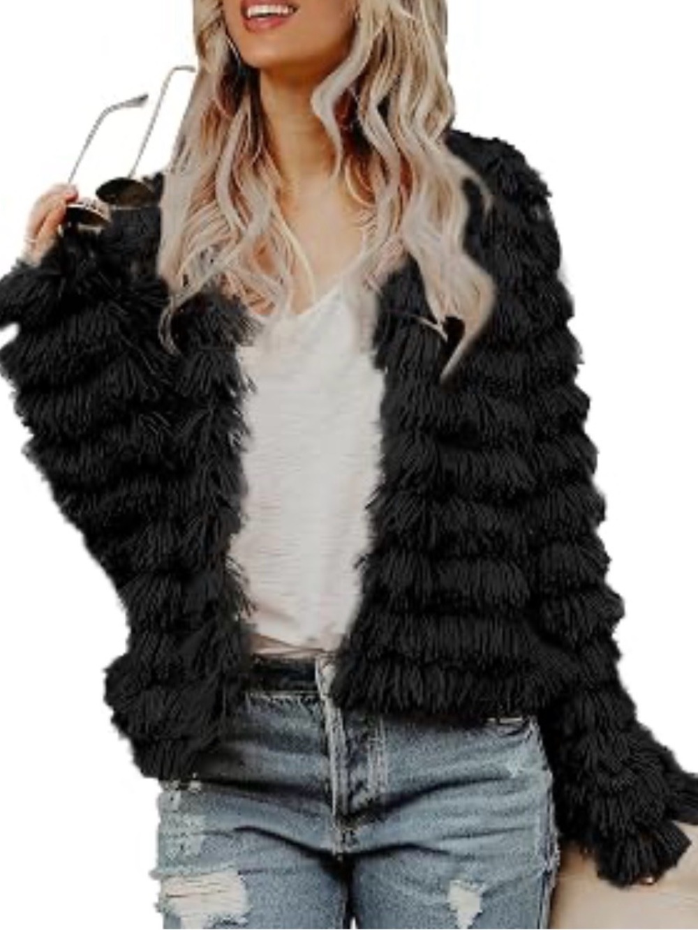 Black Faux Fur Layered Jacket - Women